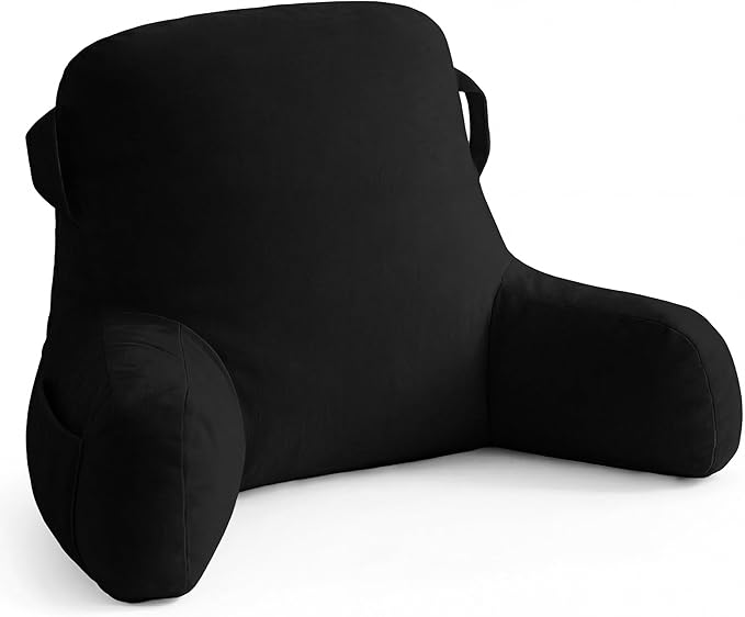 Unisakey Portable Comfy Reading Pillows for Bed Sitting Up(Black Oeko-Tex), Velvet Back Pillow with Arms & Pockets for Adults, Support Memory Foam Bed Pillow for Dorm/Reading/Watching/Gaming