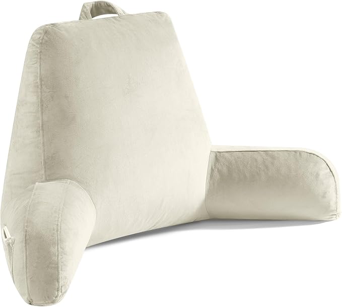 OAISZ Reading Pillow for Sitting in Bed Adult, Reading Pillow with Shredded Memory Foam, Bed Pillow with Washable Cover, Back Pillow Sitting Up with Extend Arms, Beige, X-Large