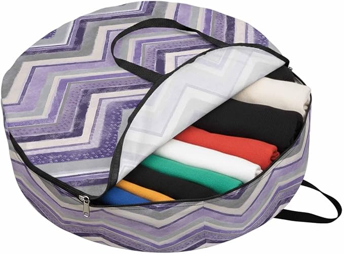 Storage Bag Purple Grey Chevron Round Storage Totes Bins Closet Organizers with Zippers & Handle Geometric Design Stripe Clothes Storage Container for Bedroom Dorm Space Saving Packing Supplies Bags