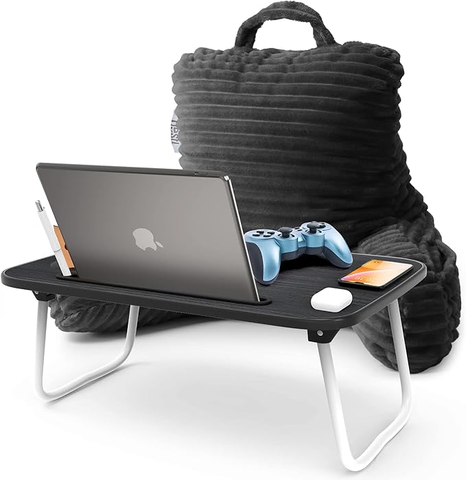 Nestl Dark Grey Reading Pillow with Bed Desk for Laptop and Writing, Luxe Cut Plush Back Pillow for Sitting Up, Back and Arms Adjustable Support for Kids and Teens, Foldable Lap Desk for Bed 19x11”