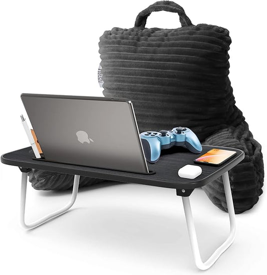 Nestl Dark Grey Reading Pillow with Bed Desk for Laptop and Writing, Luxe Cut Plush Back Pillow for Sitting Up, Back and Arms Adjustable Support for Kids and Teens, Foldable Lap Desk for Bed 19x11”