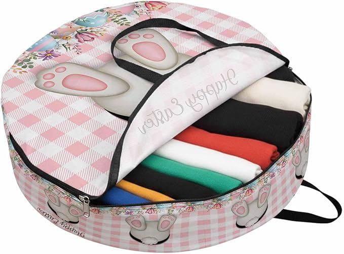 24 Inch Round Storage Bag 1 Pack,Funny Rabbits Butt Colorful Easter Eggs Waterproof Wreath Storage Container with Handles&Zipper Pink White Buffalo Tartan Closet Organizer Bags Garland Box
