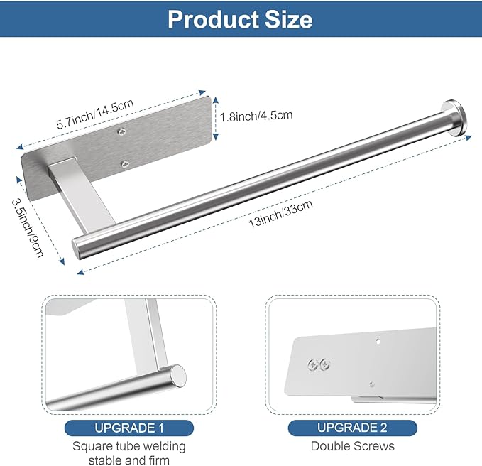 CUXIXA Paper Towel Holder Under Cabinet, Upgraded Adhesive Paper Towel Holder Wall Mount for Kitchen, Bathroom, RV, Bend-Resistant, Self-Adhesive or Drill mounting, Stainless Steel, Silver