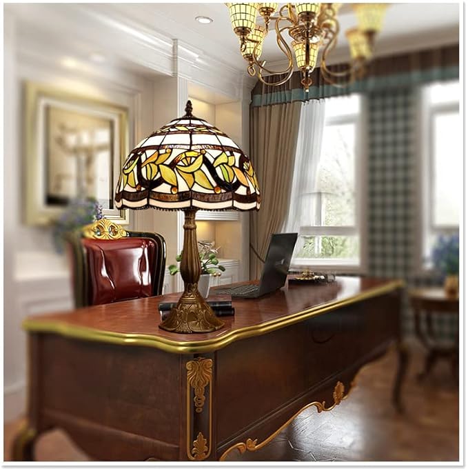 MIAOKE Stained Glass Table Lamp,Stained Glass Crystal Bead Style Table Light, Handmade Desk Bedside Night Light, Antique Art Craft Gifts Lover Living Room Bedroom Bookcase (Lace Baroque)