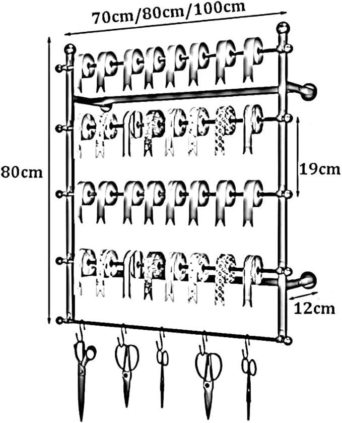 5tier Wall Mounted Ribbon Rack, Metal Gift Wrapping Paper Display Holder, Wrapping Paper Scarf Tie Belt Towel Storage Stand for Craft Room Florist Bedroom，Gold 70x12x80cm