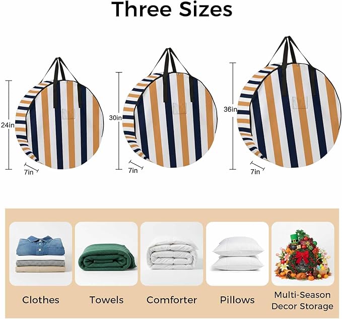 Storage Bag Navy Blue Stripes Round Storage Totes Bins Closet Organizers with Zippers & Handle Orange Contrast Striped Clothes Storage Container for Bedroom Dorm Space Saving Packing Supplies Bags