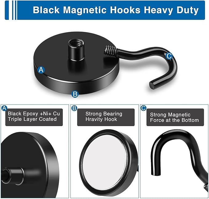 LOVIMAG Heavy Duty Magnetic Hooks Neodymium, 130lbs Magnetic Hooks for Cruise Cabins, Cruise Must Haves, Strong Magnets Hooks with Epoxy Coating for Travel, Hanging - 12 Pcs