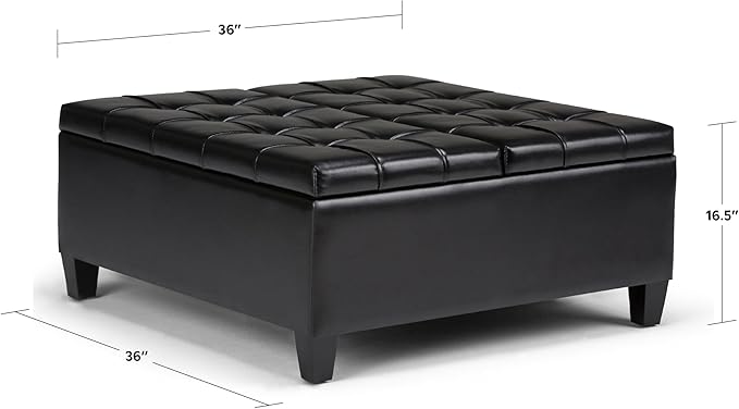 SIMPLIHOME Harrison Coffee Table Storage Ottoman - 36 inch Wide Upholstered Vegan Leather Square Lift-Top Ottoman in Midnight Black, Transitional Ottoman for Living Room with Hidden Storage