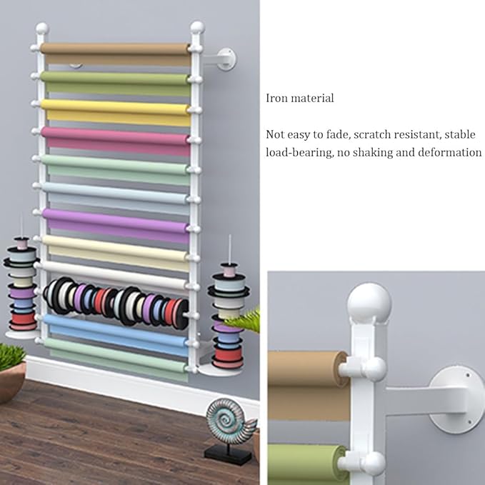 Ribbon Storage Organizer Rack, Wall Mounted Wrapping Paper Organizer, Metal Ribbon Storage for Craft Room Flower Shop Wrapping Paper,Gold 39.3X7.8X47In,White-31.5x7.8x47in