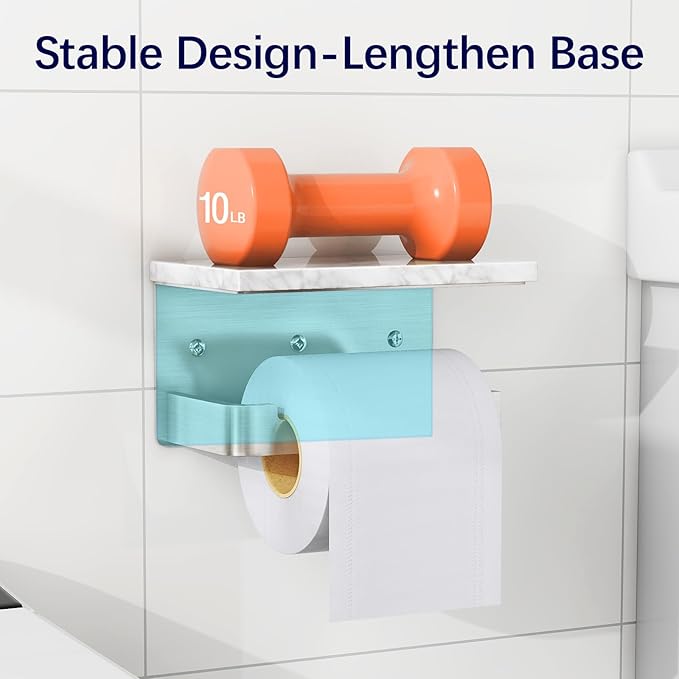 Gypie Toilet Paper Holder with Shelf, Extended Base Wall Mounted, Marble Toilet Roll Holder Brushed Nickel for Bathroom Washroom