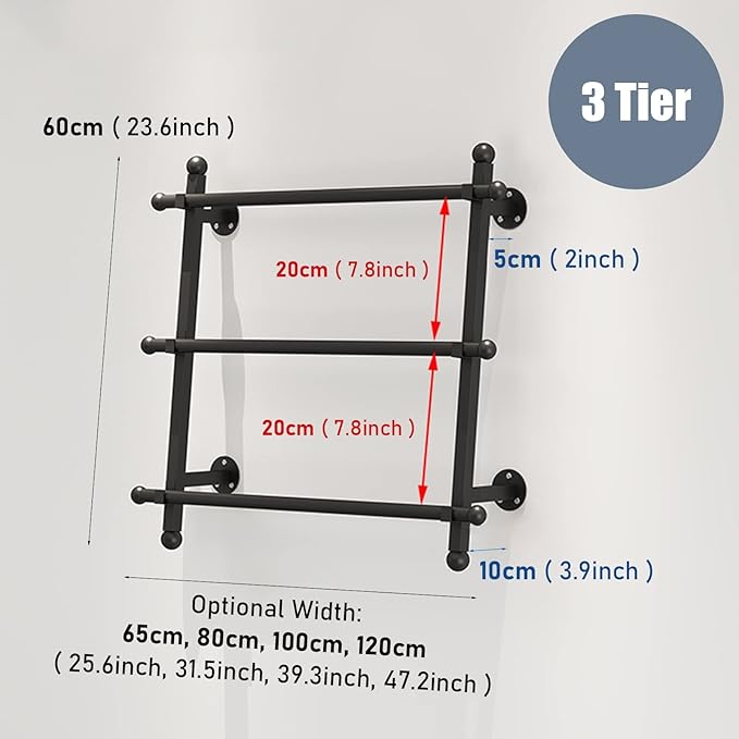 Ribbon/Wrapping Paper Organizer Scarf Shelf 3 Tier,Wall Mount Metal Towels Display Rack,Cakes/Flowers/Gift Shop,Black,100X60Cm/39.3X23.6In
