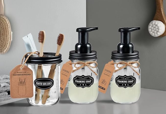 Mason Jar Toothbrush Holder -Black - with 16 Ounce Mason Jar,Premium Rustproof 304 Stainless Steel Lid and Chalkboard Labels - Rustic Farmhouse Decor Black Bathroom Accessories