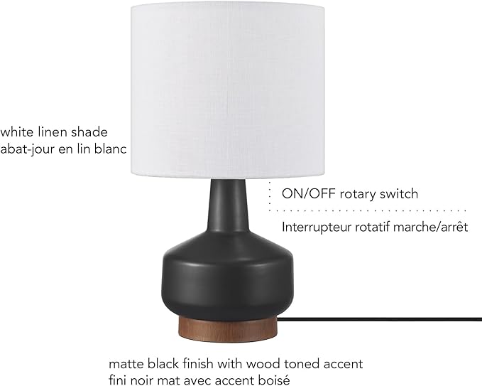 Globe Electric 15" Ceramic Table Lamp, Matte Black Base, Wood-Toned Accent, White Linen Shade, Dual Rotary Switch, Modern Bedroom or Office Lighting, 61000046