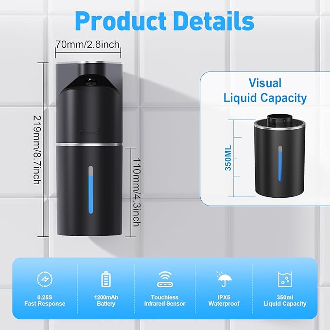 Fantictas Automatic Soap Dispenser,Touchless Hand Wall Mount Rechargeable 3 Gear Adjustable Electric Soap Dispenser 350ml with Infrared Motion Sensor for Bathroom,Kitchen,Office, Black Gel