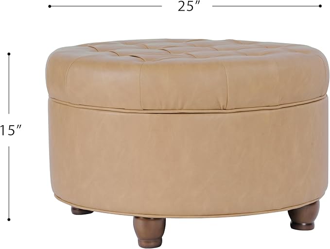 Homepop Home Decor | Button Tufted Faux Leather Round Storage Ottoman | Ottoman with Storage for Living Room & Bedroom (Sand Faux Leather)