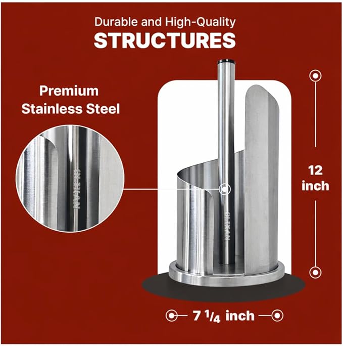 Stainless Steel Paper Towel Holder Countertop, Modern Spiral Cover Design,Weighted Base for Stability, Freestanding Easy One-Handed Operation for Kitchen Bathroom (Brushed Silver)