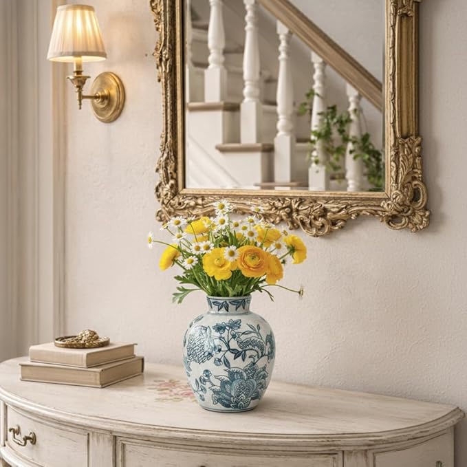 SIDUCAL Ceramic Chinoiserie Floral Vase | 6.3 Inch Blue and White Vintage | Retro Ice Cracked Blue and White Porcelain Vase for Table, Living Room, Bathroom Decoration, Shelf Decor, Mantel