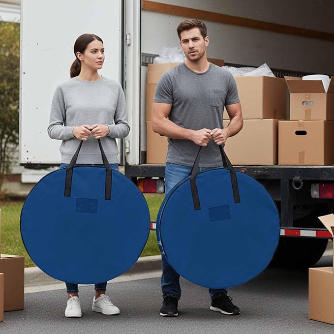 Solid Color Round Storage Bag 24 Inch, Navy Blue Clothes Storage Container with Handles Heavy Duty Organizer for Comforter, Bedding & Holiday Wreaths