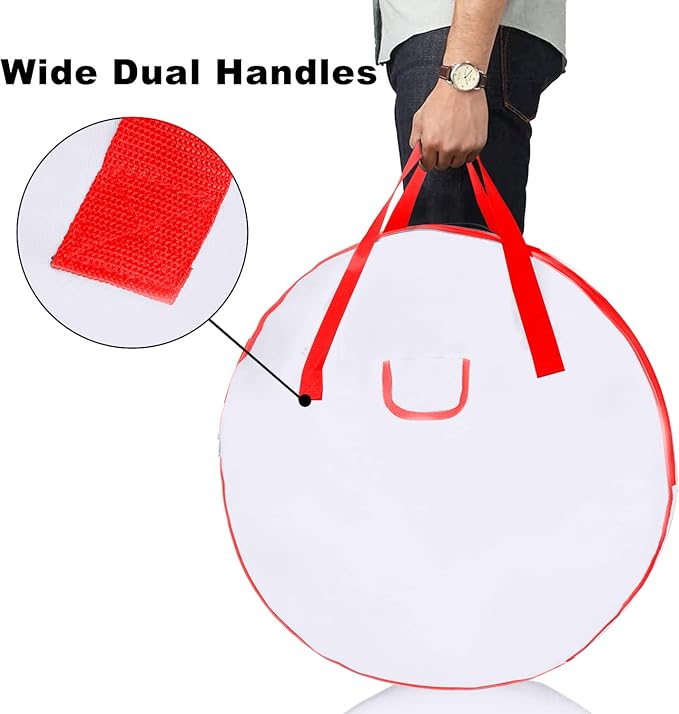 TQS 25" Christmas Wreath Container Bag - Christmas Large Wreath Bag Storage Cover- Reinforced Wide Heavy Duty Handle & Double Sleek Zipper - Protect Your Garlands Party Decorations - White