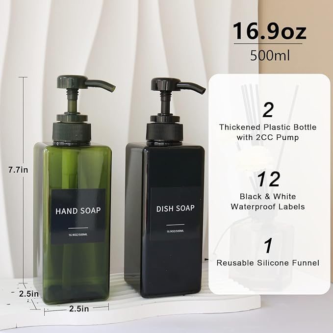 Amber Soap Dispenser with Waterproof Labels, Thickened Plastic Hand Soap Dispenser for Bathroom, Kitchen Dish Washing Liquid Bottles, Shampoo and Conditioner Bottles with Funnel (16oz 2Pack Amber)