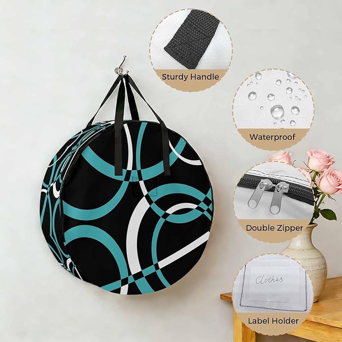 Storage Bag Turquoise Black Geometric Circle Round Storage Totes Bins Closet Organizers with Zippers & Handle Modern Abstract Lines Clothes Storage Container for Bedroom Space Saving Packing Supplies