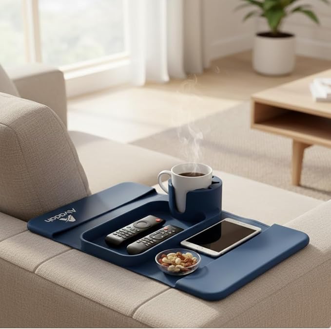 Silicone Couch Cup Holder Tray for Sofa Armrest, Non-Slip Sofa Organizer with Cup Holder, Phone Remote Tablet Storage, Couch Armrest Caddy for Drinks Snacks Living Room (Blue Navy)