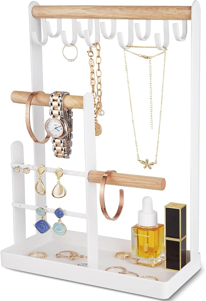 ProCase Jewelry Stand Holder Organizer, 4-Tier Necklace Holder with Ring Tray, 10 Hooks Necklaces Hanging Small Jewelry Display Storage Tower Tree for Bracelets Earrings Watches -Medium, White