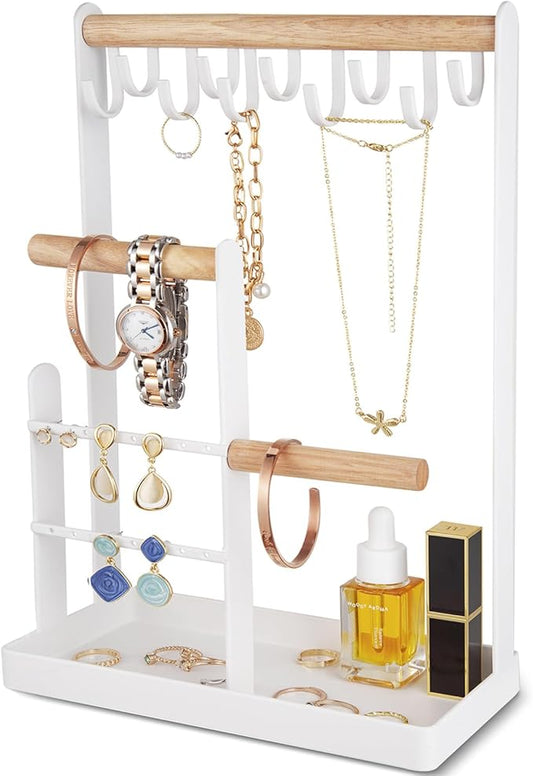 ProCase Jewelry Stand Holder Organizer, 4-Tier Necklace Holder with Ring Tray, 10 Hooks Necklaces Hanging Small Jewelry Display Storage Tower Tree for Bracelets Earrings Watches -Medium, White