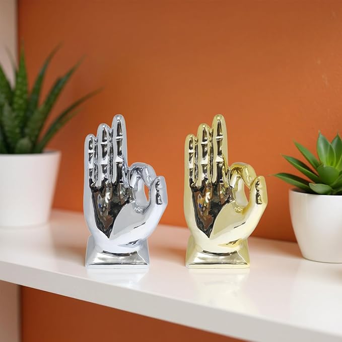 Zerzsy 2 Pack Gold Decor Finger Gesture Statues, “OK” Hands Sculpture Decor for Home Living Room Office,Sculptures Decorative Objects for Bookshelf Shelves Desk Table-Gold & Silver