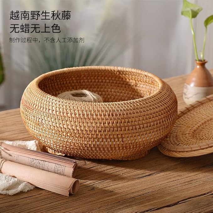 1 Pack Handmade Autumn Rattan Woven Basket Storage Ornaments Round Tea Table Desktop Living Room Furnishing Large Candy Ornaments