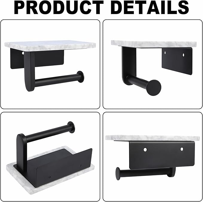 Toilet Paper Holder with Natural Marble Shelf for Bathroom Washroom,Wall Mounted Tissue Holder Suitable for Mega Roll (Small 6.7 * 4.3 in Matte Black)