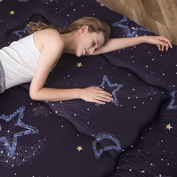 MAXYOYO Japanese Futon Mattress Floor Mattress Sleeping Pad Foldable Mat Roll Up Camping Cushion Floor Lounger Couches and Sofas Couch Topper, Moon and Star, Full Size