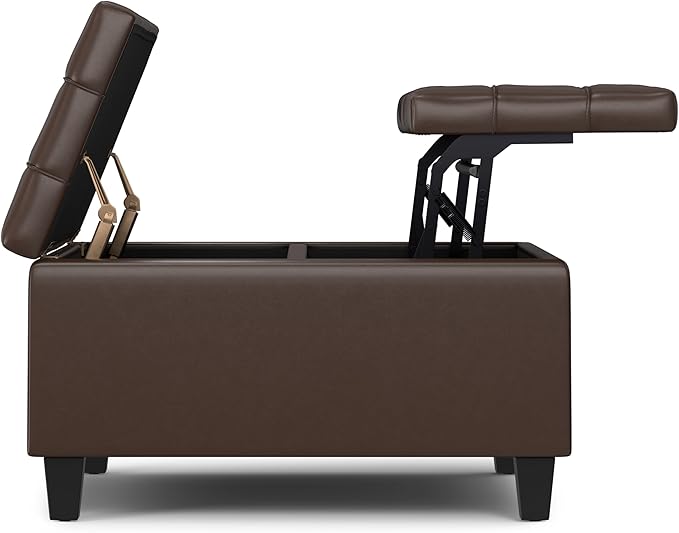 SIMPLIHOME Harrison Small Coffee Table Storage Ottoman - 30 inch Wide Upholstered Vegan Leather Square Lift-Top Ottoman in Chocolate Brown, Transitional Ottoman for Living Room with Hidden Storage