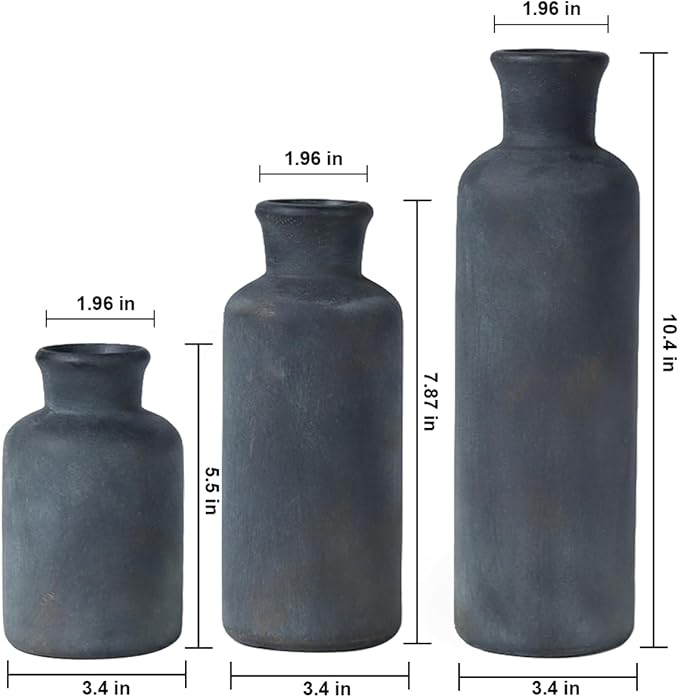 Black Ceramic Vases Set – Rustic Vintage Matte Decorative Flower Vases with Brushed Gold Effect for Home Decor, Living Room, Dining Table & Mantel Centerpieces