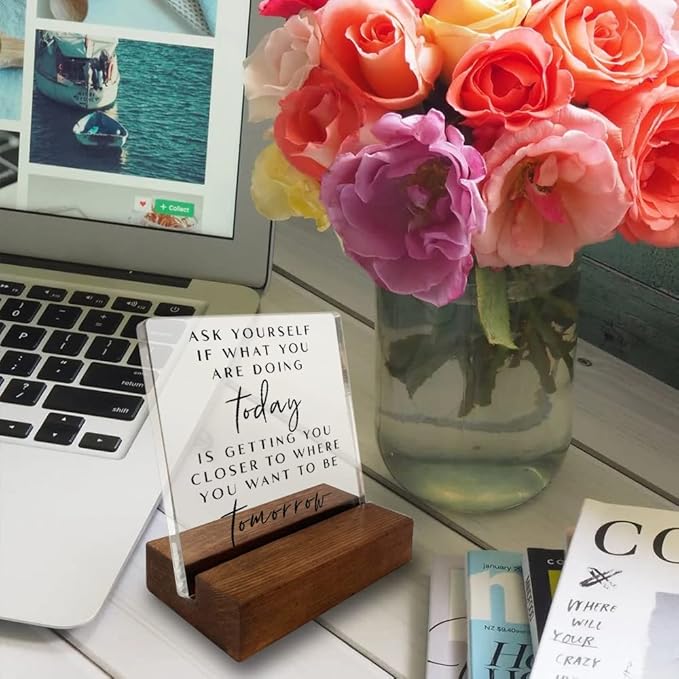 Inspirational Quotes Desk Sign, Motivational Minimalist Decor Art Acrylic Plaque With Wooden Stand Sign Home Office Desk Sign Gift for Women Colleague Friend Cowoker
