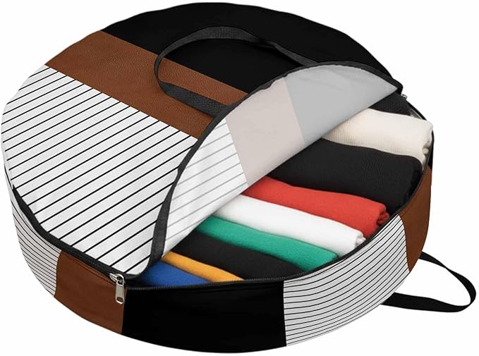 Storage Bag Brown Black Lines Round Storage Totes Bins Closet Organizers with Zippers & Handle Boho Style Clothes Storage Container for Bedroom Dorm Space Saving Packing Supplies Moving Bags