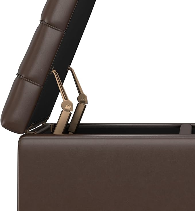 SIMPLIHOME Harrison Small Coffee Table Storage Ottoman - 30 inch Wide Upholstered Vegan Leather Square Lift-Top Ottoman in Chocolate Brown, Transitional Ottoman for Living Room with Hidden Storage