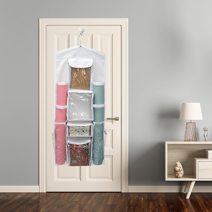 Wrapping Paper Storage - Double-Sided Hanging Wrap Organizer, Compartmental Wrap Organizer Holder, Wrapping Paper Storage Containers, Behind The Door Storage for Kitchen Bedroom Closet (White)