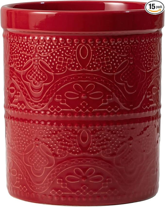 FUN ELEMENTS Kitchen Utensil Holder, 7.2" Super Large Utensil Crock Heavy and Stable Lace Emboss Ceramic Utensil Holder for Kitchen Counter (Christmas Red)