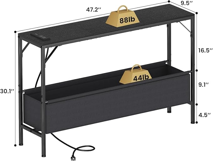 Asgolion Narrow Console Table, 47.2" Long Entryway Table with Storage & Power Outlets, Hallway Table, Mordern IndustrialSofa Tables for Living Room, Bedroom, Foyer, Office, Anti-tip Kit, Black