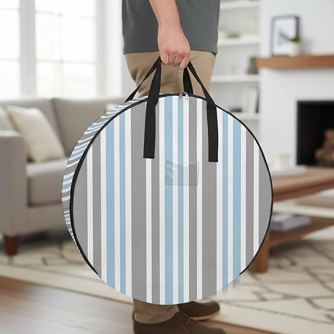 Storage Bag Blue Stripes Round Storage Totes Bins Closet Organizers with Zippers & Handle Grey Striped Lines Clothes Storage Container for Bedroom Dorm Space Saving Packing Supplies Moving Bags