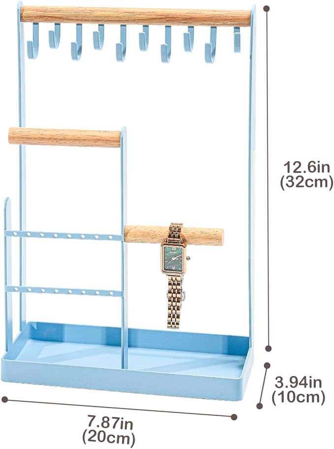 ProCase Jewelry Stand Holder Organizer, 4-Tier Necklace Holder with Ring Tray, 10 Hooks Necklaces Hanging Small Jewelry Display Storage Tower Tree for Bracelets Earrings Watches -Medium, Blue