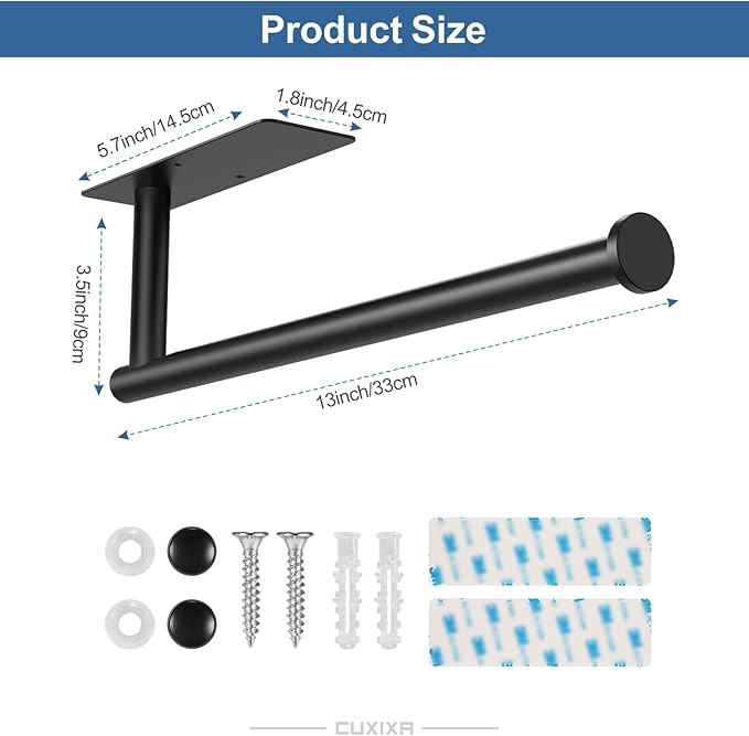 CUXIXA Paper Towel Holder Under Cabinet 2 Pack, Under Counter Paper Towel Holder Wall Mount with Self Adhesive and Screws for Kitchen, Bathroom, RV(Stainless Steel, Black)
