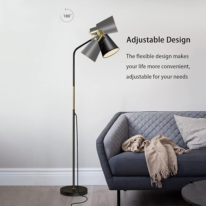 LALISU Floor Lamp, Industrial Floor Lamps for Living Rooms Rustic Farmhouse Reading Standing Floor Lamp Adjustable Metal Heads Indoor Task Lighting for Living Room Bedroom Office Home Décor (Black)