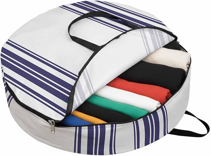 Storage Bag Blue Stripes Round Storage Totes Bins Closet Organizers with Zippers & Handle Simple Style Clothes Storage Container for Bedroom Dorm Space Saving Packing Supplies Moving Bags