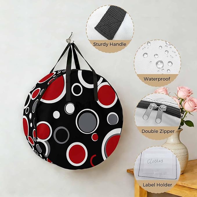 24 Inch Round Storage Bag 1 Pack,Abstract Red Black Circle Waterproof Wreath Storage Container with Handles&Zipper Color Block on Black Closet Organizer Bags Garland Box