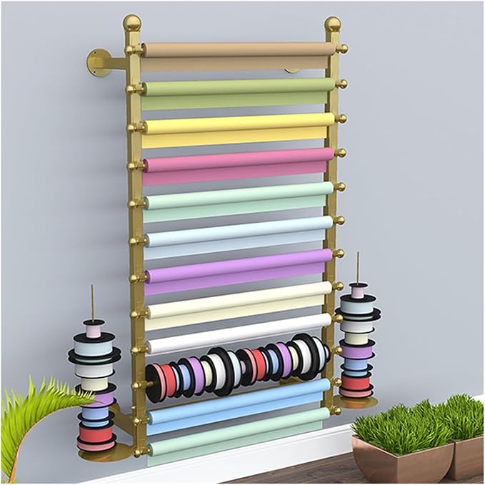 Ribbon Storage Organizer Rack, Wall Mounted Wrapping Paper Organizer, Metal Ribbon Storage for Craft Room Flower Shop Wrapping Paper,Gold 39.3X7.8X47In,Gold-27.5x7.8x47in