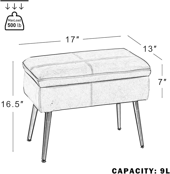 Storage Ottoman Upholstered Stool with Padded Seat, Tufted Vanity Stool with Metal Legs, Accent Stool, Faux Leather, Cognac Brown