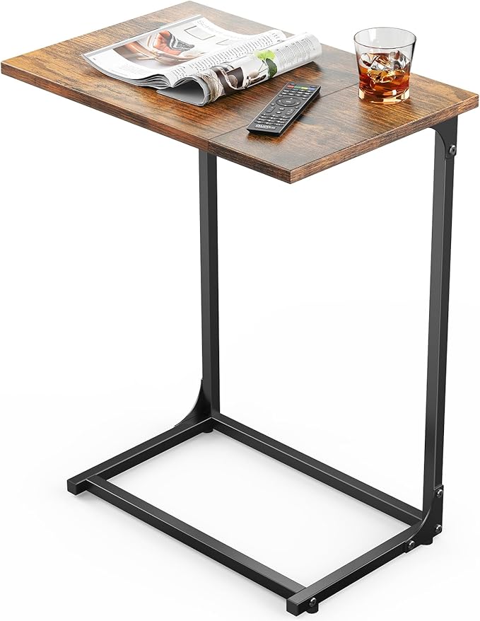Pipishell C-Shaped Side Table, C Table for Sofa with Two-Piece Desktop & Metal Frame, Large Surface End Table for Living Room, Bedroom, Bedside, Rustic Design