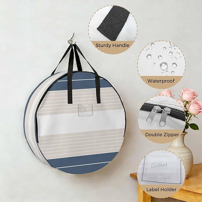 Storage Bag Cream Striped Round Storage Totes Bins Closet Organizers with Zippers & Handle Ombre Blue Stripes Clothes Storage Container for Bedroom Dorm Space Saving Packing Supplies Moving Bags